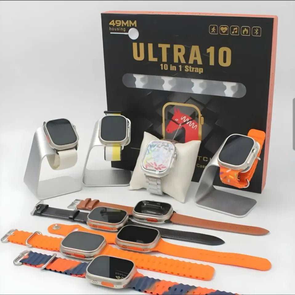 Ultra 10 Smart Watch | 10 In 1 Straps+jelly Case | Bt Calling | Super Hd Display 49mm | Multi Color Straps & Wireless Charging