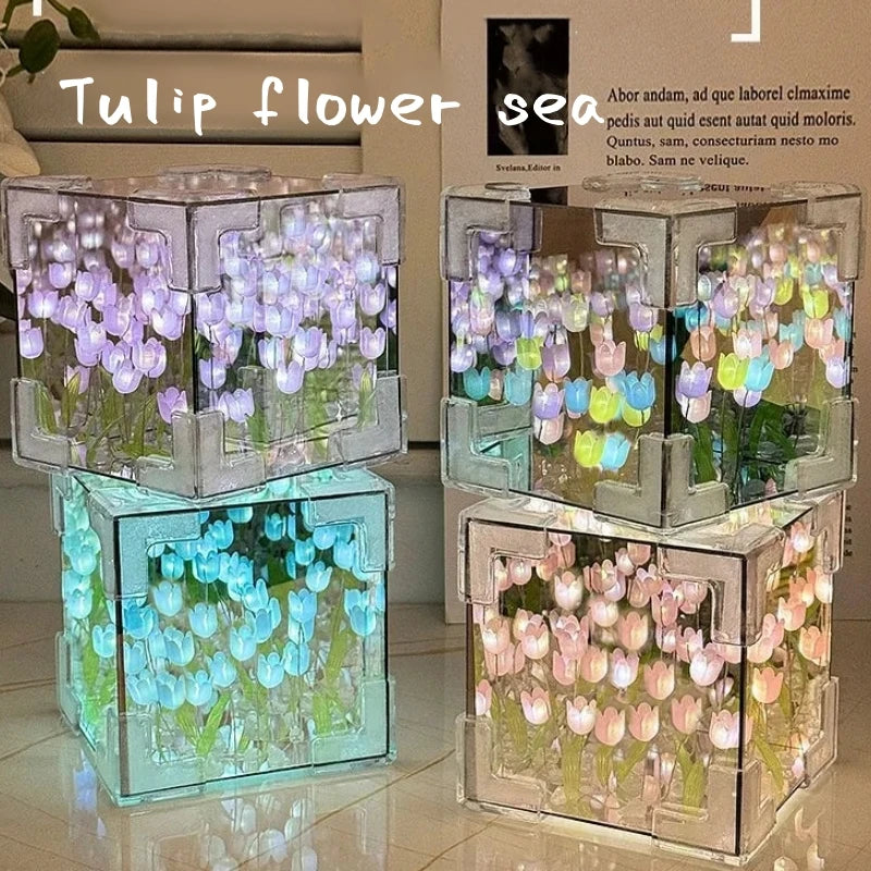 Tulips in Crystal Box – LED Night Light for Bedroom, Unique Flower Table Lamp