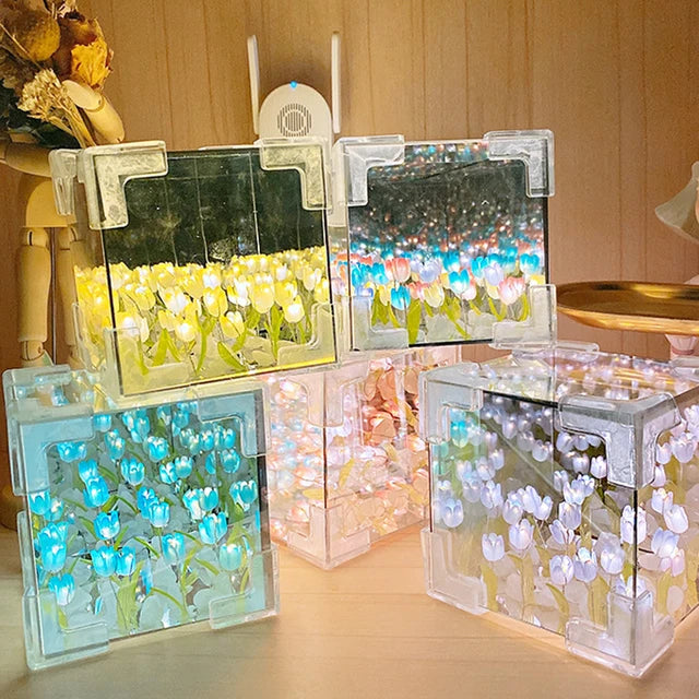 Tulips in Crystal Box – LED Night Light for Bedroom, Unique Flower Table Lamp