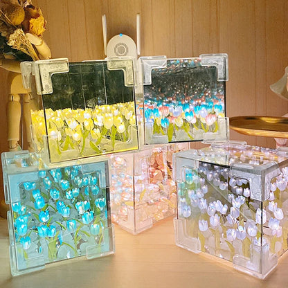 Tulips in Crystal Box – LED Night Light for Bedroom, Unique Flower Table Lamp