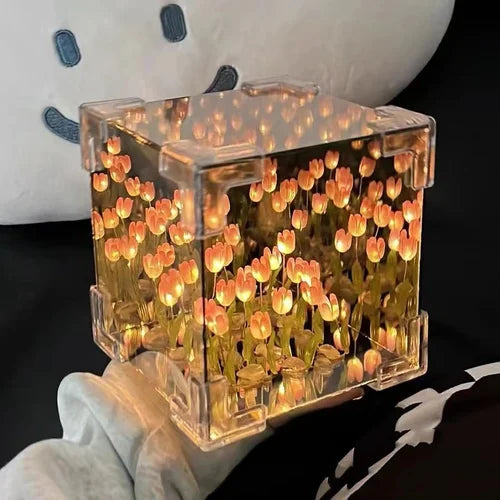 Tulips in Crystal Box – LED Night Light for Bedroom, Unique Flower Table Lamp
