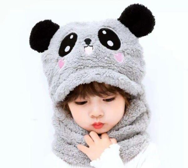 Kids Winter Panda Cap Wool Cap With Neck Warmer Attached. Kids Wool Cap Cartoon Panda Baby