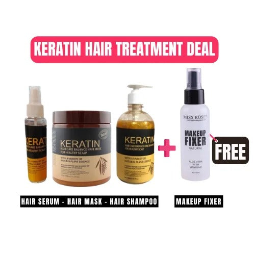 New Deal 4 pcs set Keratin Hair Serum – 100ml Keratin Hair Mask – 500 ml Keratin Hair Shampoo- 500 ml + Free Makeup Fixer